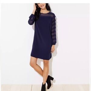 NWT LOFT Plus Striped Sheer Yoke & Sleeve Shift Dress - Navy - 16